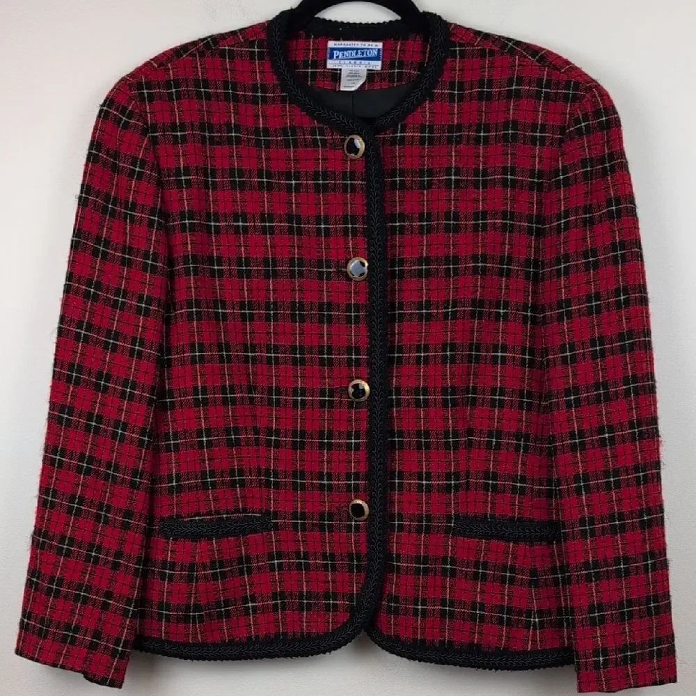 Pendleton Classic Red and Black Plaid Virgin Wool Jacket Blazer Size 14